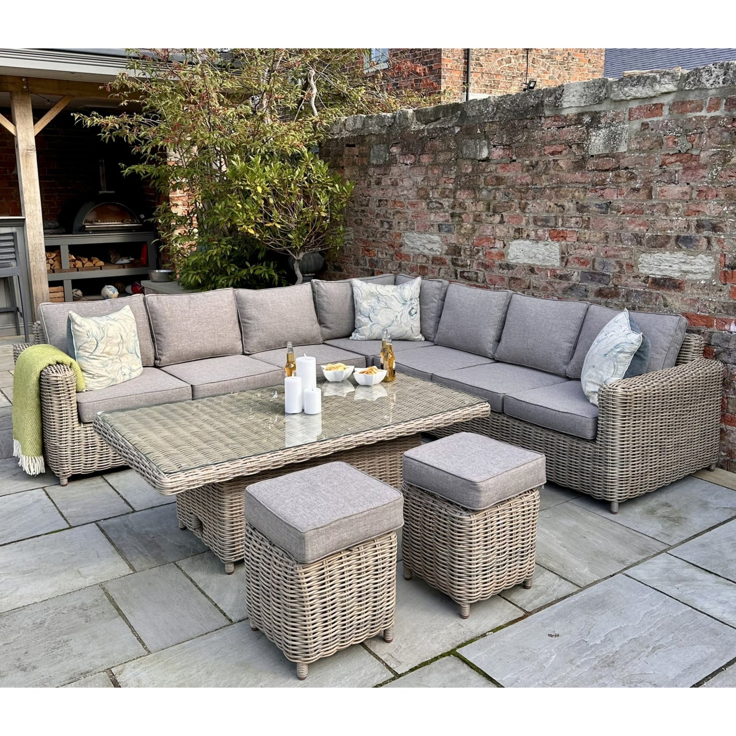 Amalfi Large Outdoor Corner Sofa Set with Dual‑Height Riser Table & Two Stools