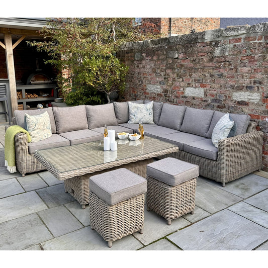 Amalfi Large Outdoor Corner Sofa Set with Dual‑Height Riser Table & Two Stools