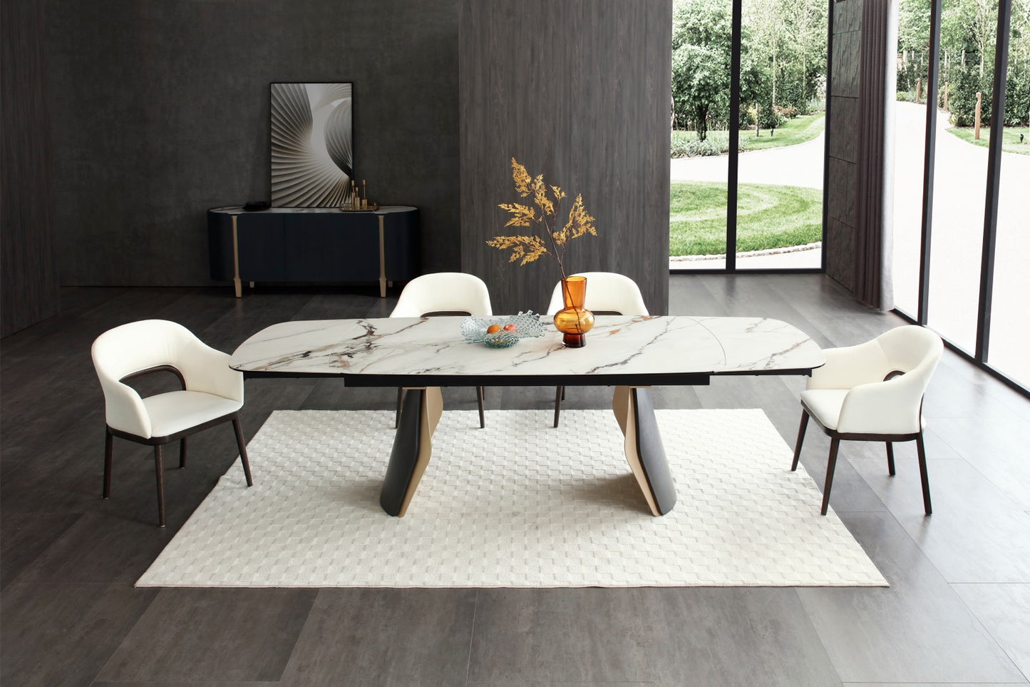 Fidenza Extending Dining Table - Black Ash & Calacatta Verde
