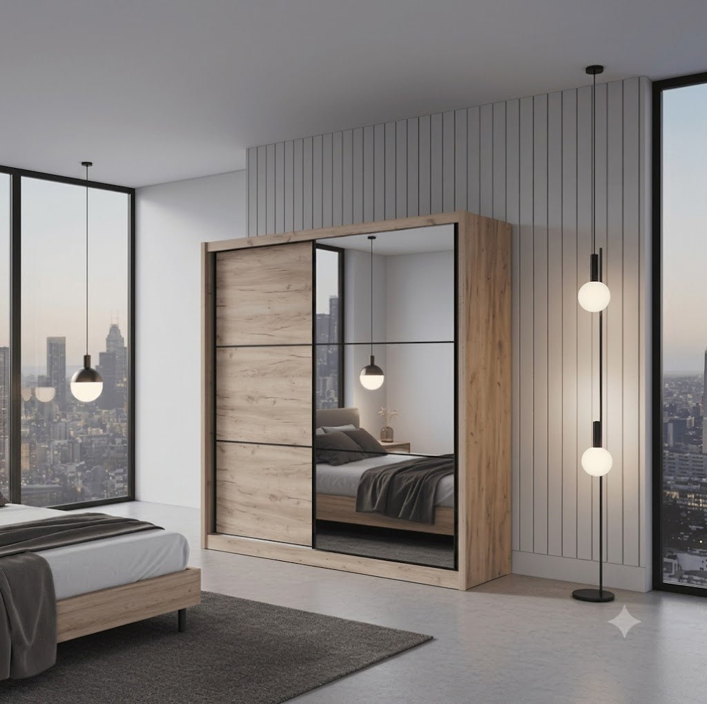 Navara Modern Sliding Door Wardrobe - Oak Effect Finish (215cm)