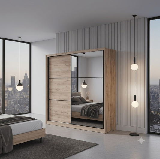 Navara Modern Sliding Door Wardrobe - Oak Effect Finish (215cm)