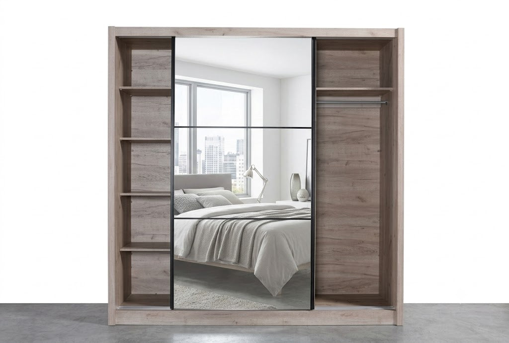 Navara Modern Sliding Door Wardrobe - Oak Effect Finish (215cm)