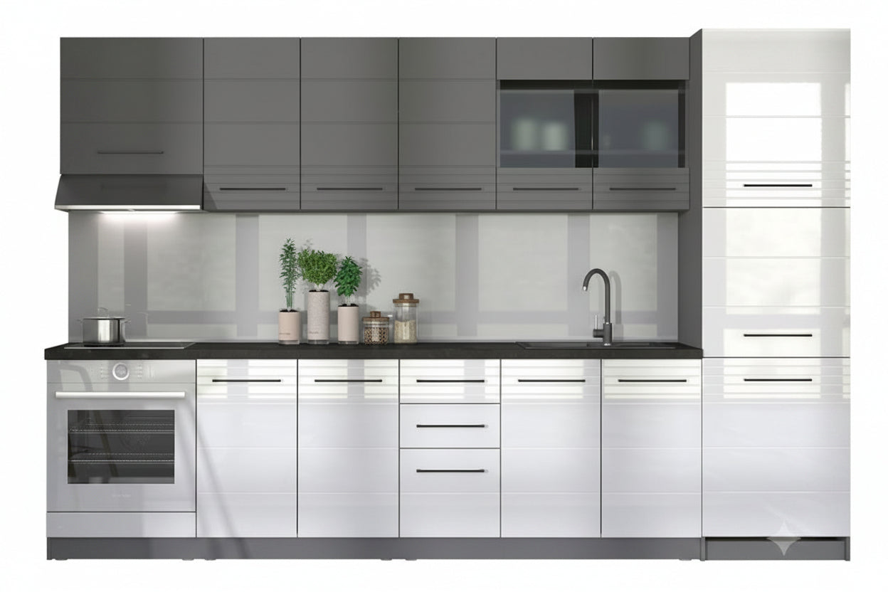 Pedro White Gloss and Grey Kitchen Units (200cm) | 10 Door & 2 Drawer
