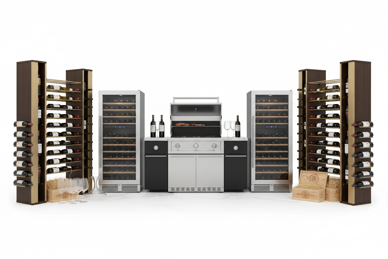 Premium luxury wine range with BBQ stove, wine coolers, and wine racks